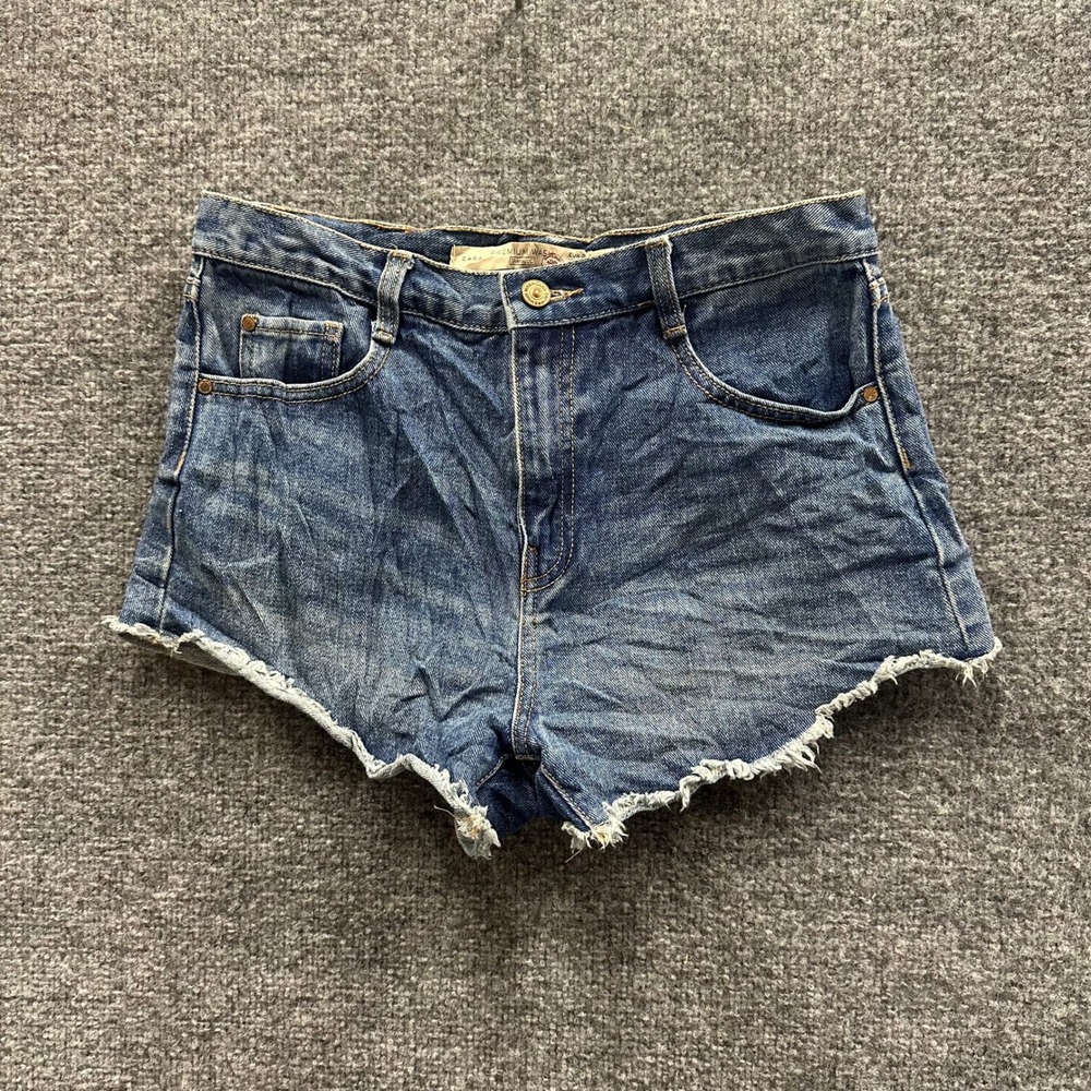 Zara Denim Shorts Womens Size 6 Blue High Rise Raw Hem Frayed Premium Wash